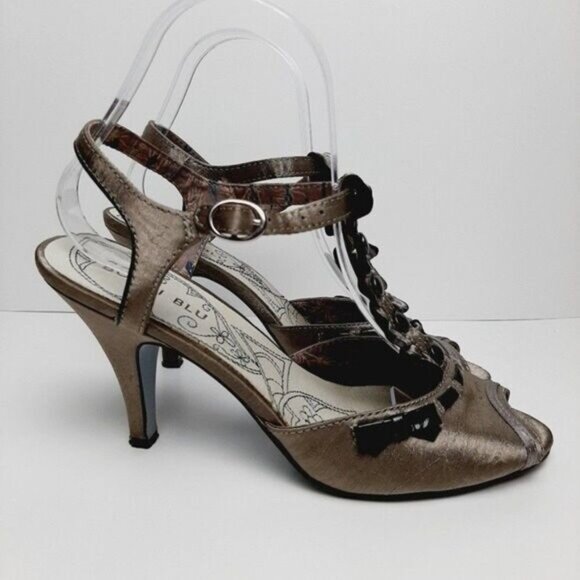 BOBBI BLU Edith Satin Peep Toe Gem T-strap Slingbacks High Heel Shoes Gray Sz 8 - Picture 3 of 11